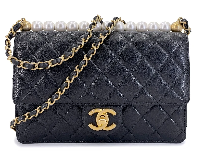 Massive Deal 19S Chanel Chic Pearls Quilted Flap Bag Black GHW DJ9