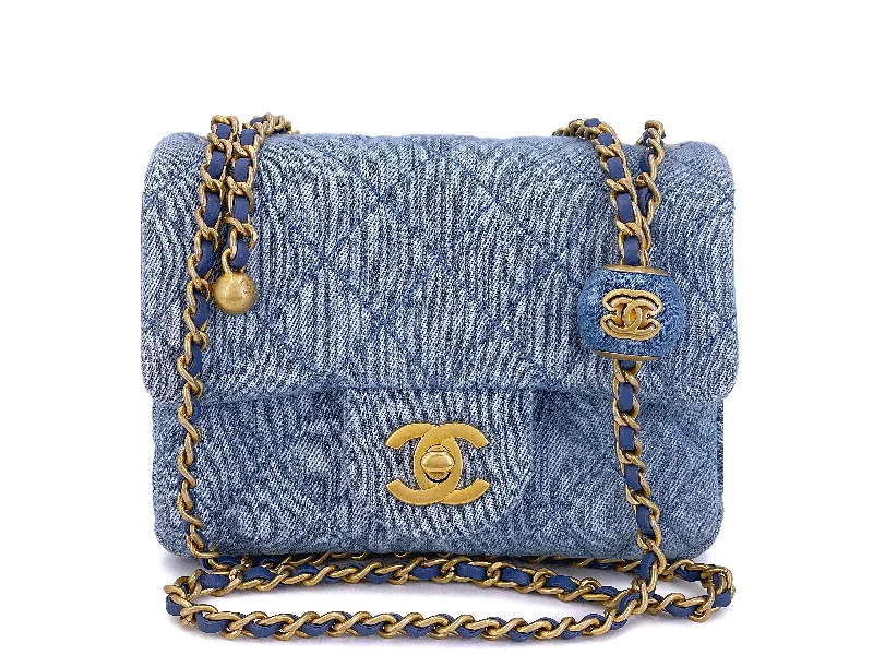 Super Bargain Chanel 22C Blue Denim Pearl Crush Square Mini Flap Bag GHW