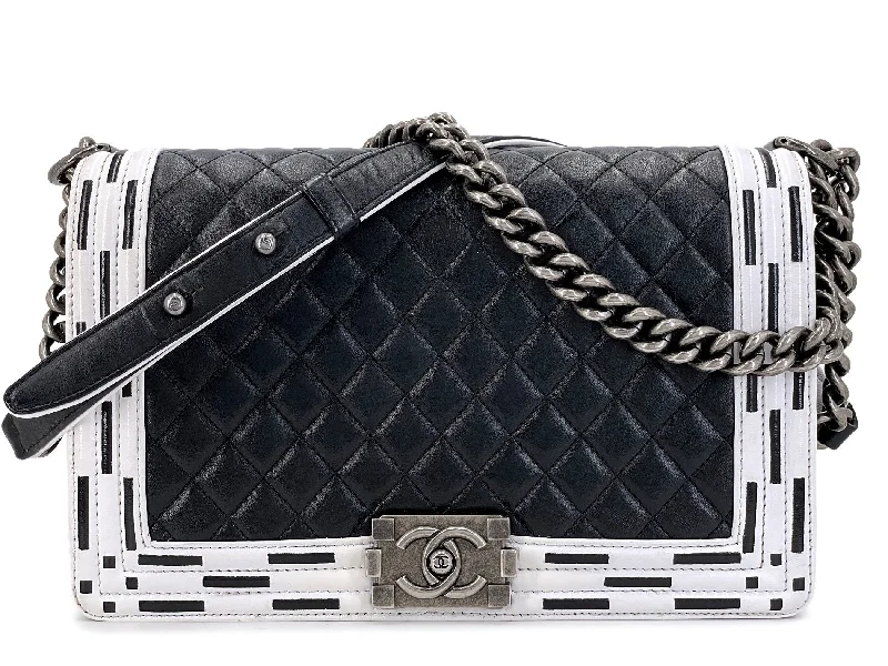 New Deal Chanel Black White Geometric Print New Medium Boy Flap Bag RHW 2014 A1B