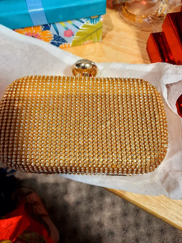 Savings Galore Golden clutch for weddings and parties with golden chain and diamontees