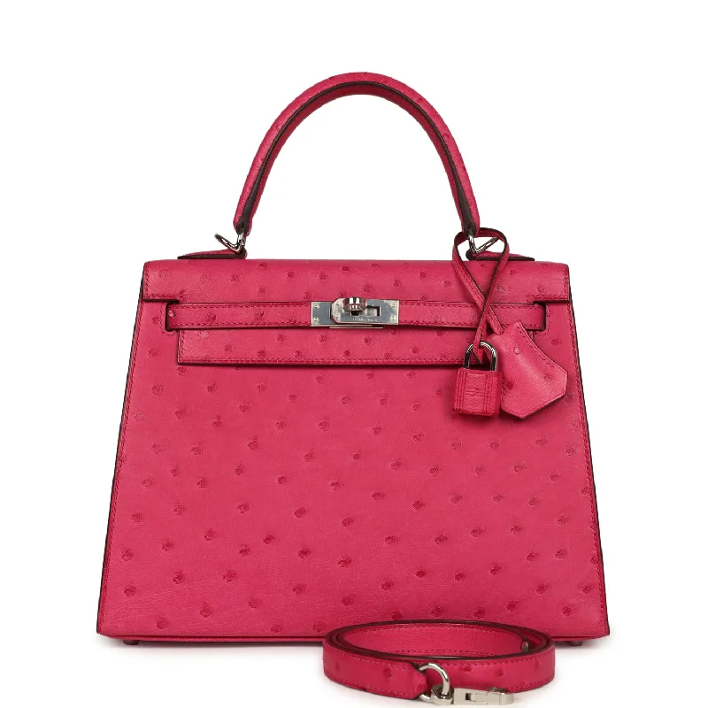 Instant Savings Pre-owned Hermes Kelly Sellier 25 Rose Tyrien Ostrich Palladium Hardware