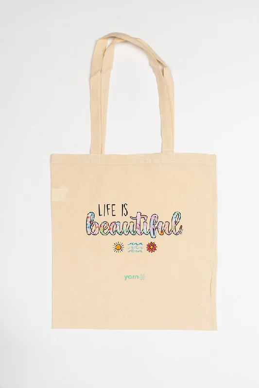 Super Deal Life Is Beautiful Long Handle Natural Cotton Tote Bag