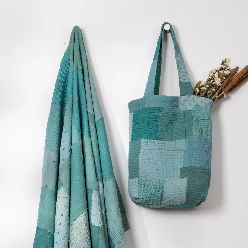 Weekend Discounts to Delight Mosaic Fray Handmade Vintage Kantha Tote Bag -Cornflower -