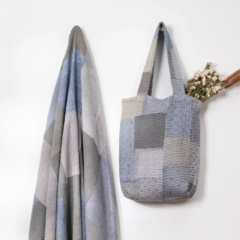 Weekend Offers That Delight Mosaic Fray Handmade Vintage Kantha Tote Bag -Hydrengea -