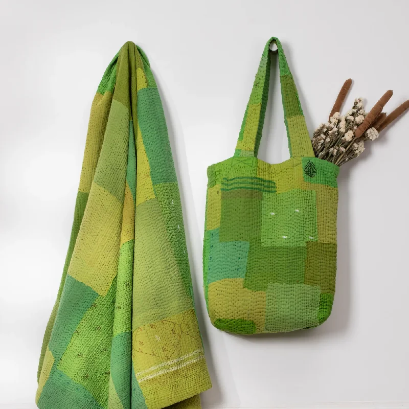 Weekend Offers That Tempt Mosaic Fray Handmade Vintage Kantha Tote Bag -Lime Green -