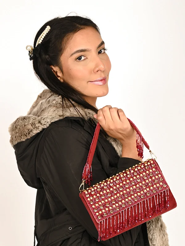 Price Drop Alert Odette Maroon Embroidered Tasseled Bridal Clutch For Women