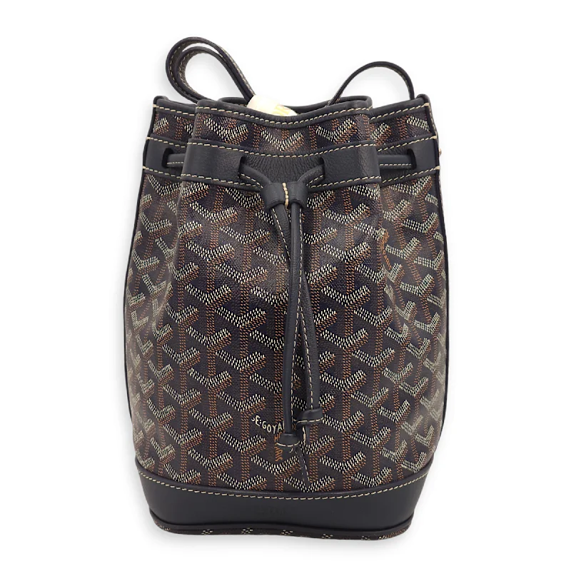Mega Sale Petite Flot Navy Blue, White, Brown Bucket Bag in Goyardine Canvas, Palladium hardware