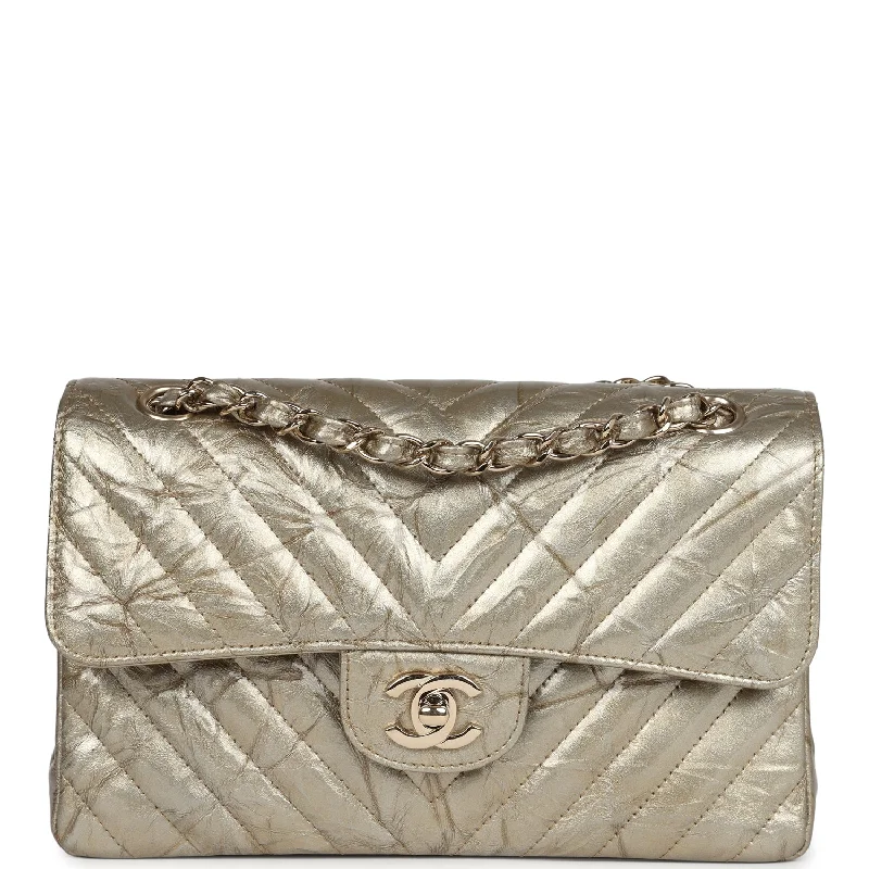 Weekend Bargains Await You Pre-owned Chanel Small Chevron Double Flap Bag Gold Metallic Patent Aged Calfskin Light Gold Hardware
