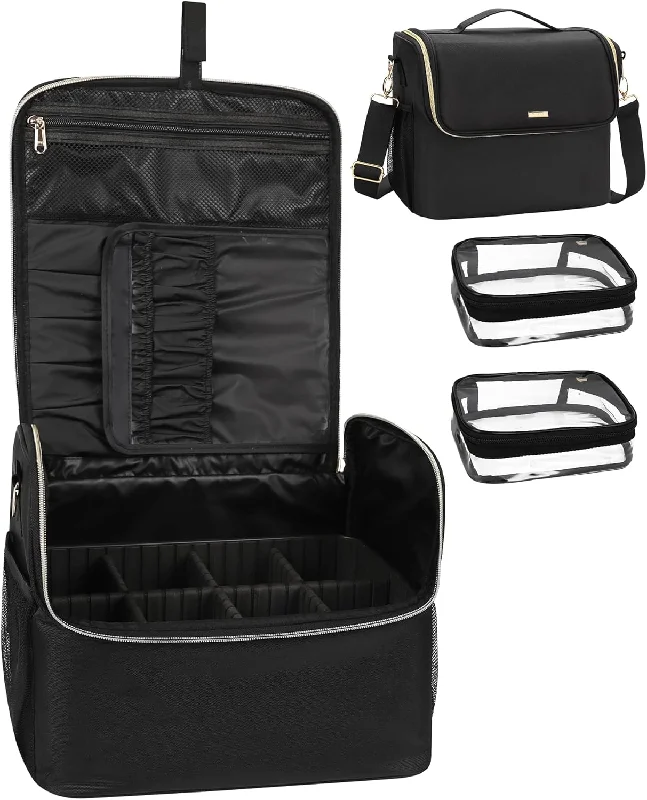 Stock Clearance Professional Large Travel Makeup Bag with 2 Clear Bag and Adjustable Dividers and Shoulder Strap