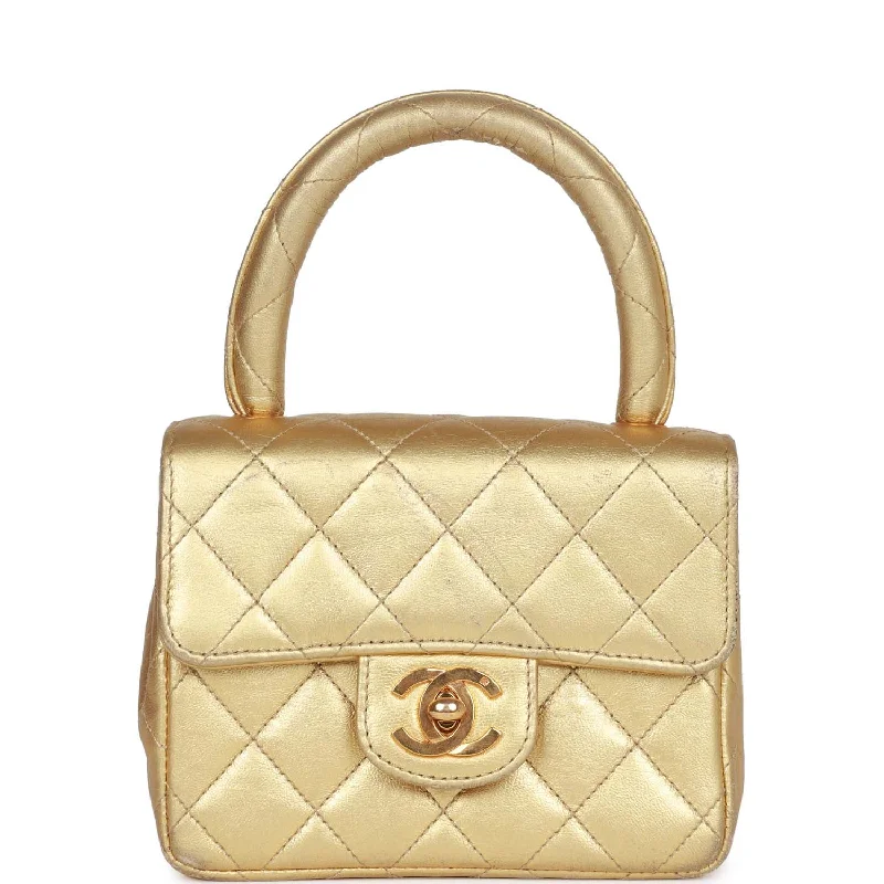 Take Action Vintage Chanel Mini Top Handle Kelly Child Flap Bag Gold Metallic Lambskin Gold Hardware