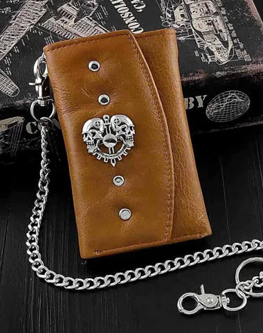 Massive Deal BADASS BROWN SKULL LEATHER MENS TRIFOLD SMALL BIKER WALLETS CHAIN WALLET WALLET WITH CHAIN FOR MEN