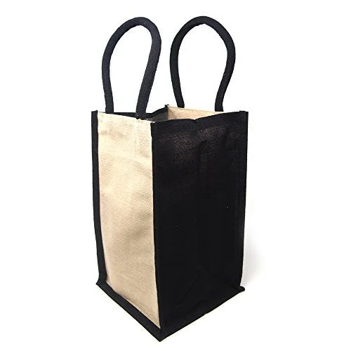 Exclusive Savings Black Cotton Handle Jute Wine Bag w/Divider, 14-inch, 4 Bottles