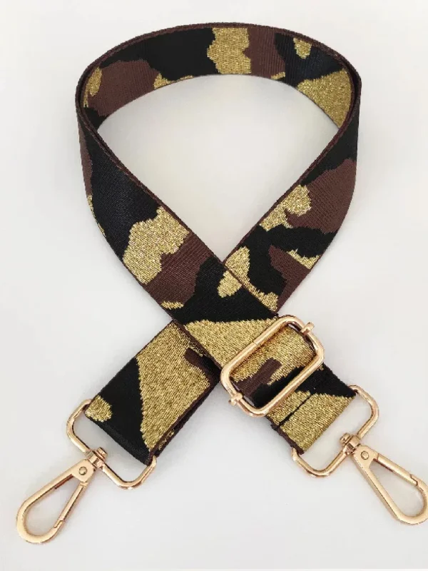 Your Exclusive Discount Awaits CAMOUFLAGE ADJUSTABLE BAG STRAP W/ METALLIC THREAD - BROWN/METALLIC GOLD/BLACK- GOLD/SILVER HARDWARE