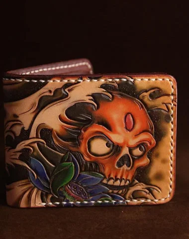 The Best Prices Handmade Tooled Leather Mens Skull billfold Wallets Bifold Wallet Small Wallet For Men