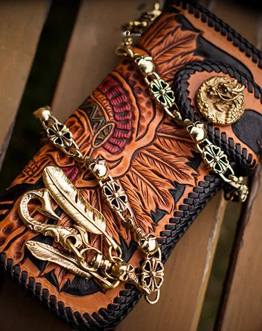 Exclusive Offer Handmade black leather indian skull carved biker wallet bifold long wallet for men Exclusive Offer Handmade black leather indian skull carved biker wallet bifold long wallet for men