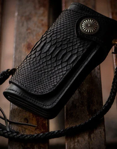 New Markdowns Handmade leather biker chain trucker wallet leather men Black snake skin Tooled wallet