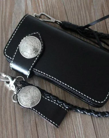 Price Reduction Handmade cool leather biker wallets black chain wallet Long wallet for men