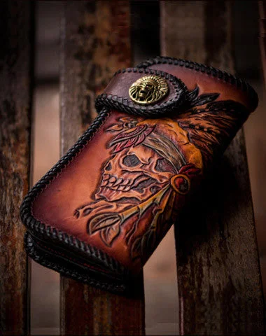 Sale Alert Handmade leather brown indian skull carved biker wallet bifold long wallet for men Sale Alert Handmade leather brown indian skull carved biker wallet bifold long wallet for men