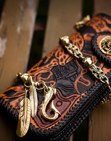 YEAR-End Sale Handmade orange black coffee leather skull guns carved biker wallet Long wallet for men YEAR-End Sale Handmade orange black coffee leather skull guns carved biker wallet Long wallet for men