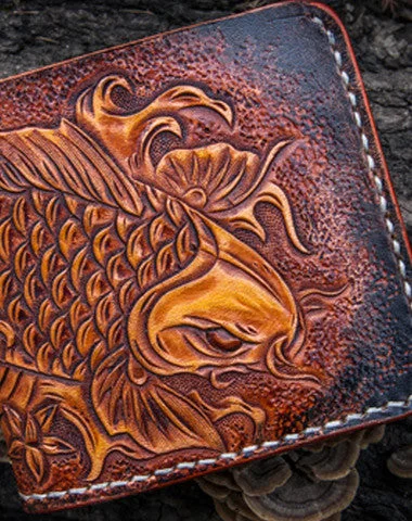 Weekend Deal Handmade mens leather Tooled Small wallet carp lotus billfold wallet for men Weekend Deal Handmade mens leather Tooled Small wallet carp lotus billfold wallet for men