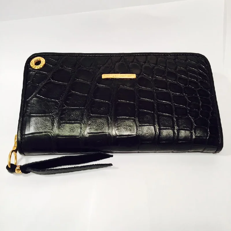 Price Rollback Large Zipper Wallet in Matte Black Crocodile Leather