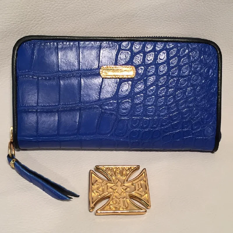 Now or Never Large Zipper Wallet in Matte Blue Crocodile Leather