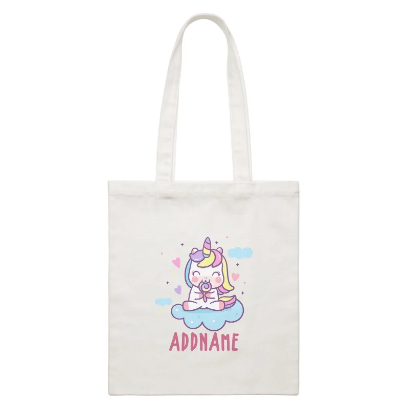 Early Access Unicorn And Princess Series Cute Unicorn Eating Lolipop Addname White Canvas Bag Early Access Unicorn And Princess Series Cute Unicorn Eating Lolipop Addname White Canvas Bag