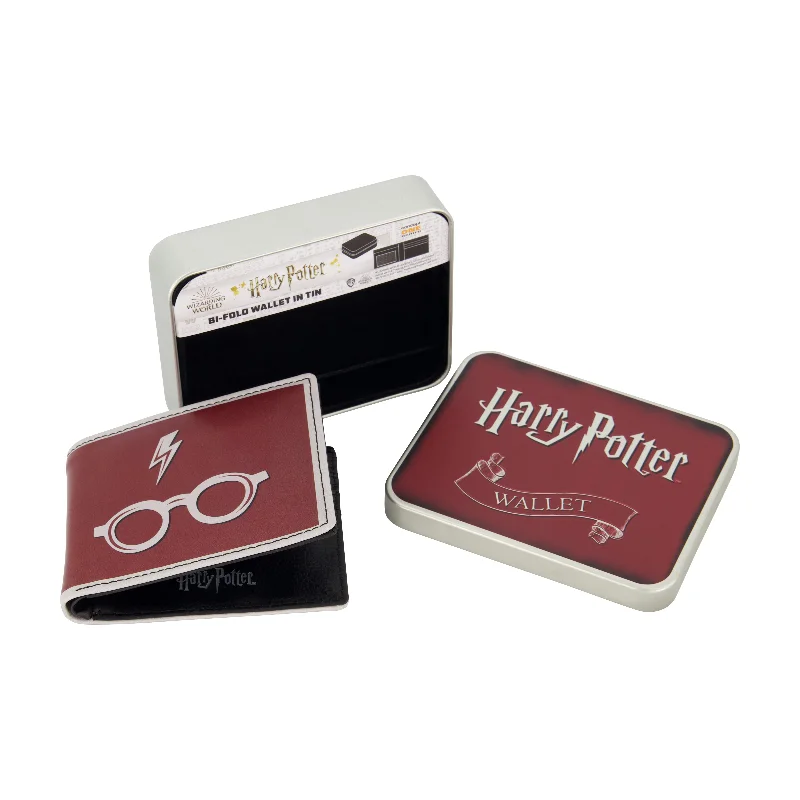 Value Pack WB HARRY POTTER Lightining Bolt And Glasses in Burgundy Bifold Wallet, Slim Wallet with Decorative Tin for Men and Women Value Pack WB HARRY POTTER Lightining Bolt And Glasses in Burgundy Bifold Wallet, Slim Wallet with Decorative Tin for Men and Women